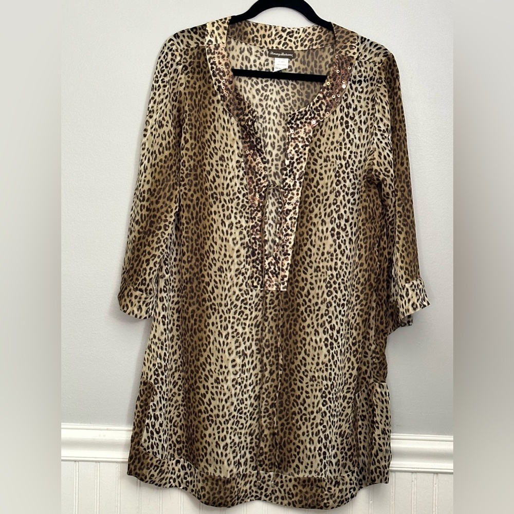 Tommy Bahama Sheer Embellished Leopard Print Tunic, M